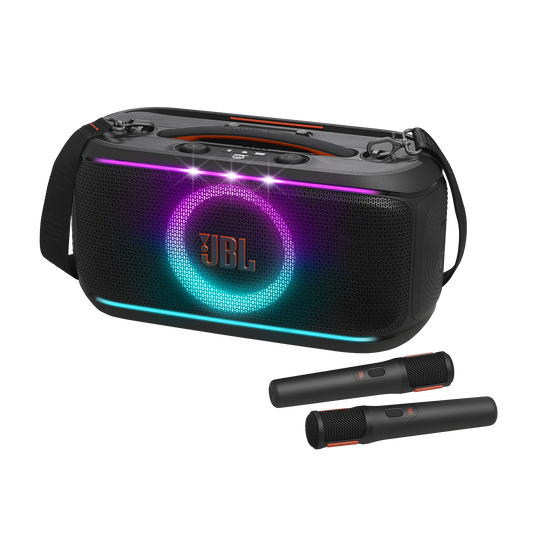 JBL PartyBox On-the-Go 2 - Black - Portable party speaker with two wireless digital mics, handle and a shoulder strap - Hero