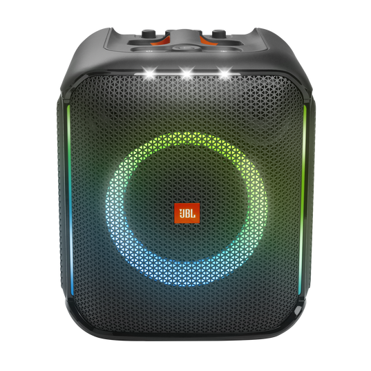 JBL PartyBox Encore - Black - Portable party speaker with 100W powerful sound, built-in dynamic light show, included digital wireless mics, and splash proof design. - Front