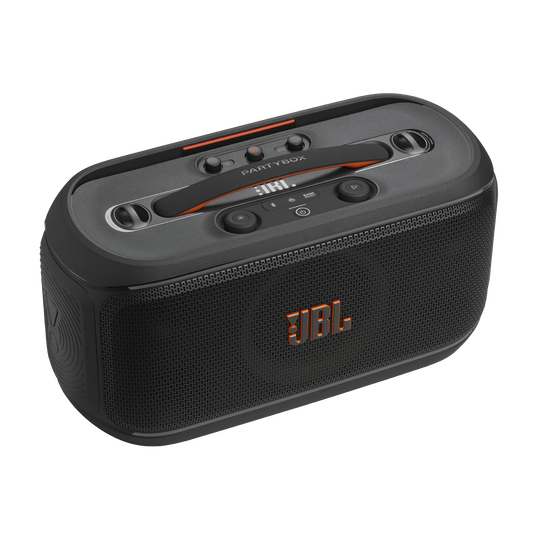 JBL PartyBox On-the-Go 2 Plus - Black - Portable party speaker with real-time AI vocal removal, a wireless mic, powerful JBL Pro Sound, a dynamic lightshow, up to 15 hours of playtime, and a replaceable battery, plus a handle and shoulder strap - Detailshot 2