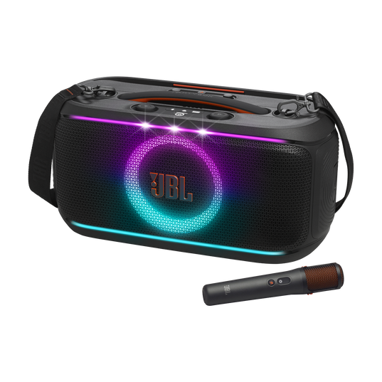 JBL PartyBox On-the-Go 2 Plus - Black - Portable party speaker with real-time AI vocal removal, a wireless mic, powerful JBL Pro Sound, a dynamic lightshow, up to 15 hours of playtime, and a replaceable battery, plus a handle and shoulder strap - Hero