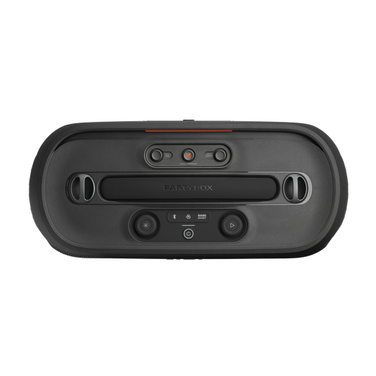 JBL PartyBox On-the-Go 2 Plus - Black - Portable party speaker with real-time AI vocal removal, a wireless mic, powerful JBL Pro Sound, a dynamic lightshow, up to 15 hours of playtime, and a replaceable battery, plus a handle and shoulder strap - Top