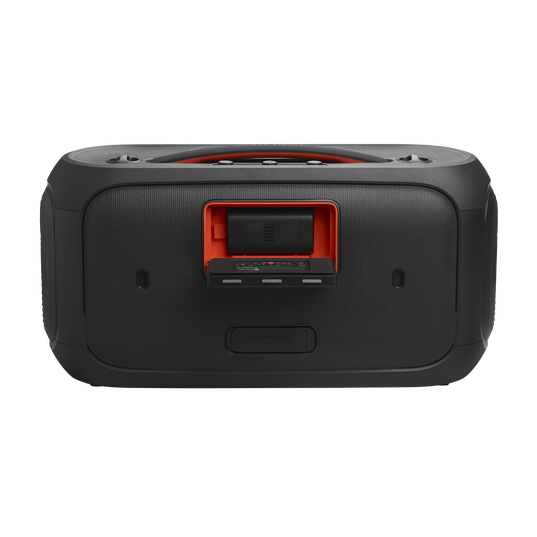 JBL PartyBox On-the-Go 2 Plus - Black - Portable party speaker with real-time AI vocal removal, a wireless mic, powerful JBL Pro Sound, a dynamic lightshow, up to 15 hours of playtime, and a replaceable battery, plus a handle and shoulder strap - Back