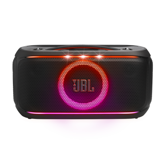 JBL PartyBox On-the-Go 2 Plus - Black - Portable party speaker with real-time AI vocal removal, a wireless mic, powerful JBL Pro Sound, a dynamic lightshow, up to 15 hours of playtime, and a replaceable battery, plus a handle and shoulder strap - Front