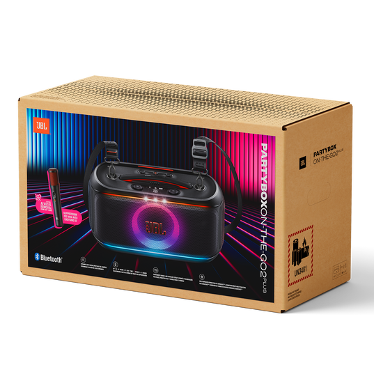 JBL PartyBox On-the-Go 2 Plus - Black - Portable party speaker with real-time AI vocal removal, a wireless mic, powerful JBL Pro Sound, a dynamic lightshow, up to 15 hours of playtime, and a replaceable battery, plus a handle and shoulder strap - Detailshot 7