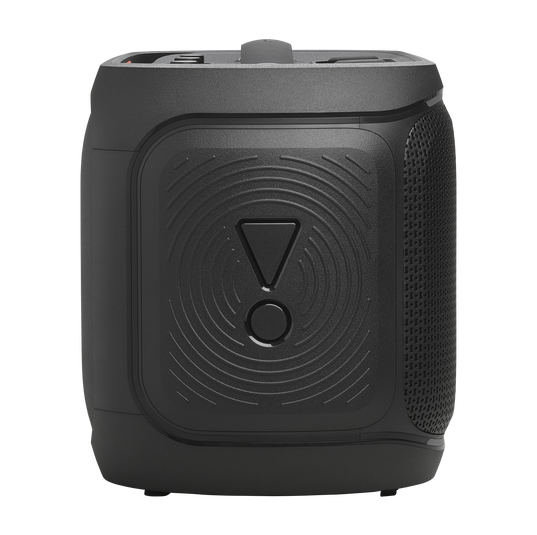 JBL PartyBox On-the-Go 2 Plus - Black - Portable party speaker with real-time AI vocal removal, a wireless mic, powerful JBL Pro Sound, a dynamic lightshow, up to 15 hours of playtime, and a replaceable battery, plus a handle and shoulder strap - Left